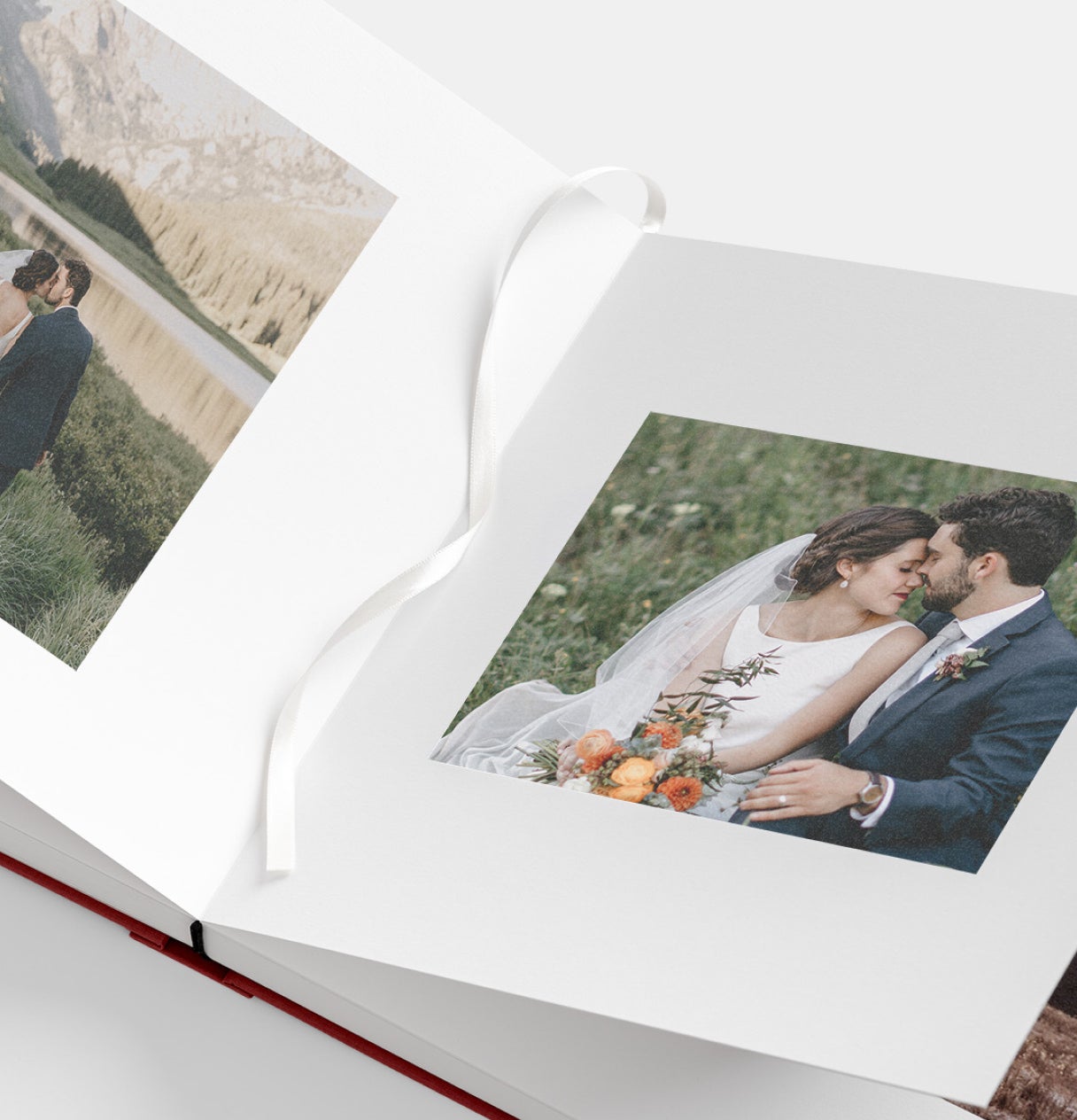 Open Signature Layflat Photo Album featuring wedding photos