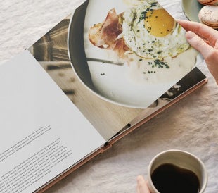 Custom photo book cookbook with picture of breakfast dish and recipe