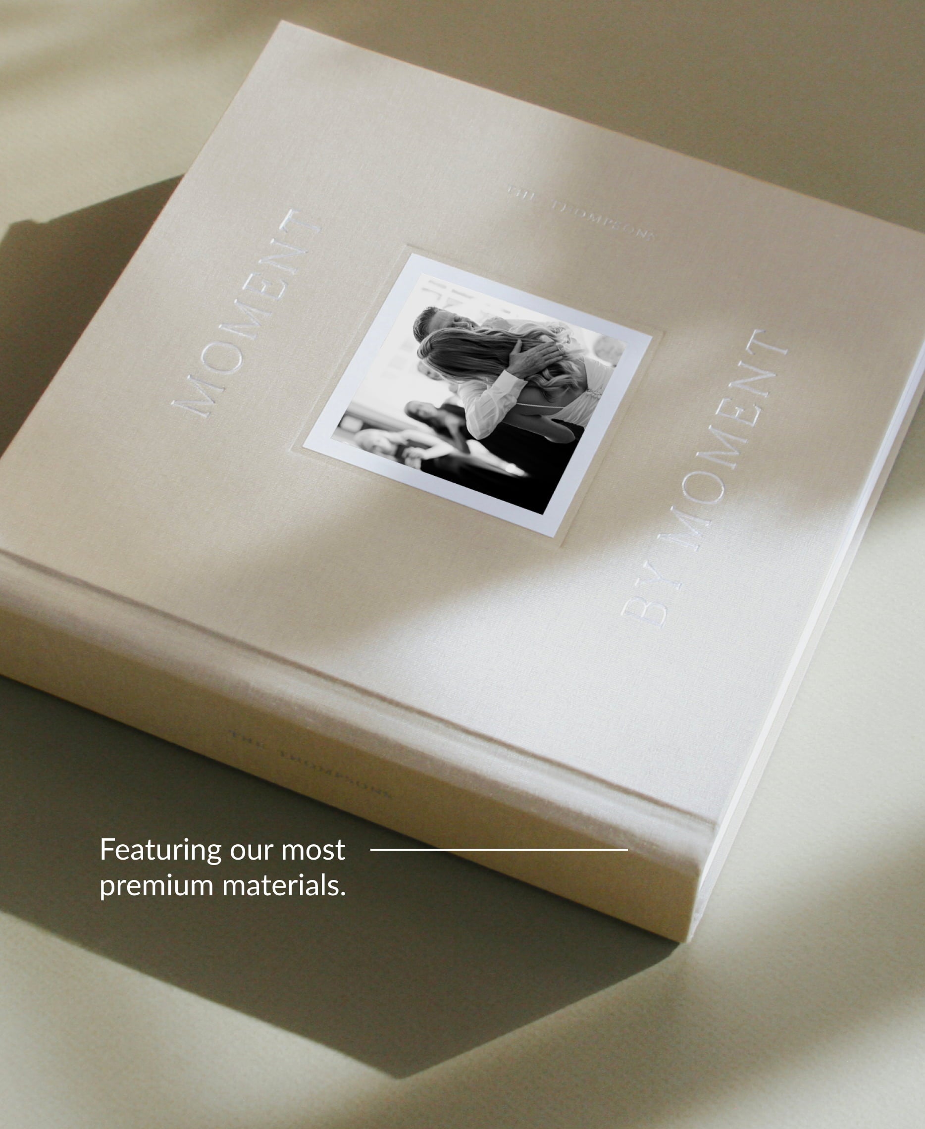 Closed Signature Layflat Photo Album showcasing cover image, foil stamped cover title, made from premium materials
