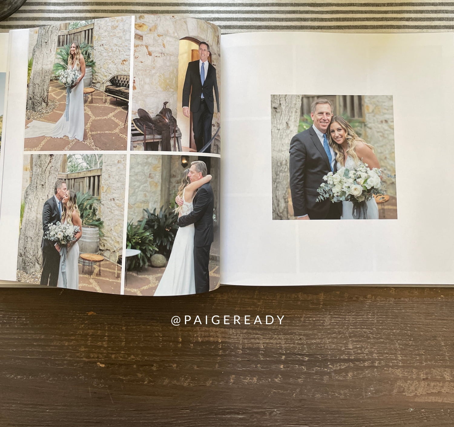 Open Hardcover Wedding Photo Book featuring unique multi image page layouts