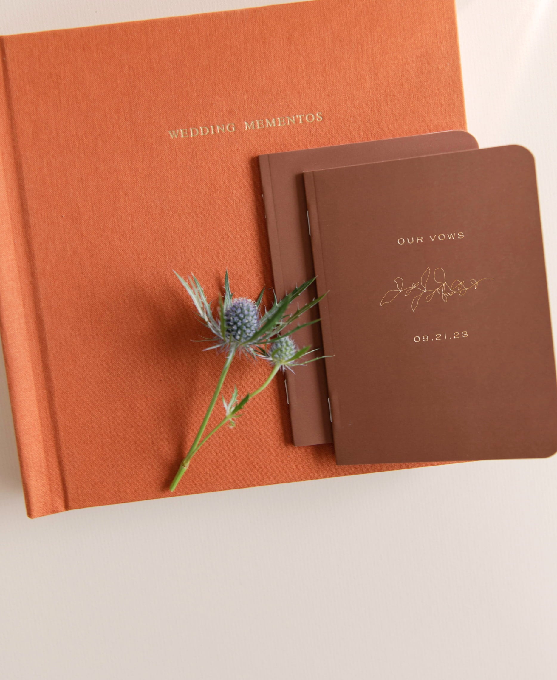 Closed Vow Book showcase the Our Vows cover stacked on top of terracotta Wedding Layflat Album