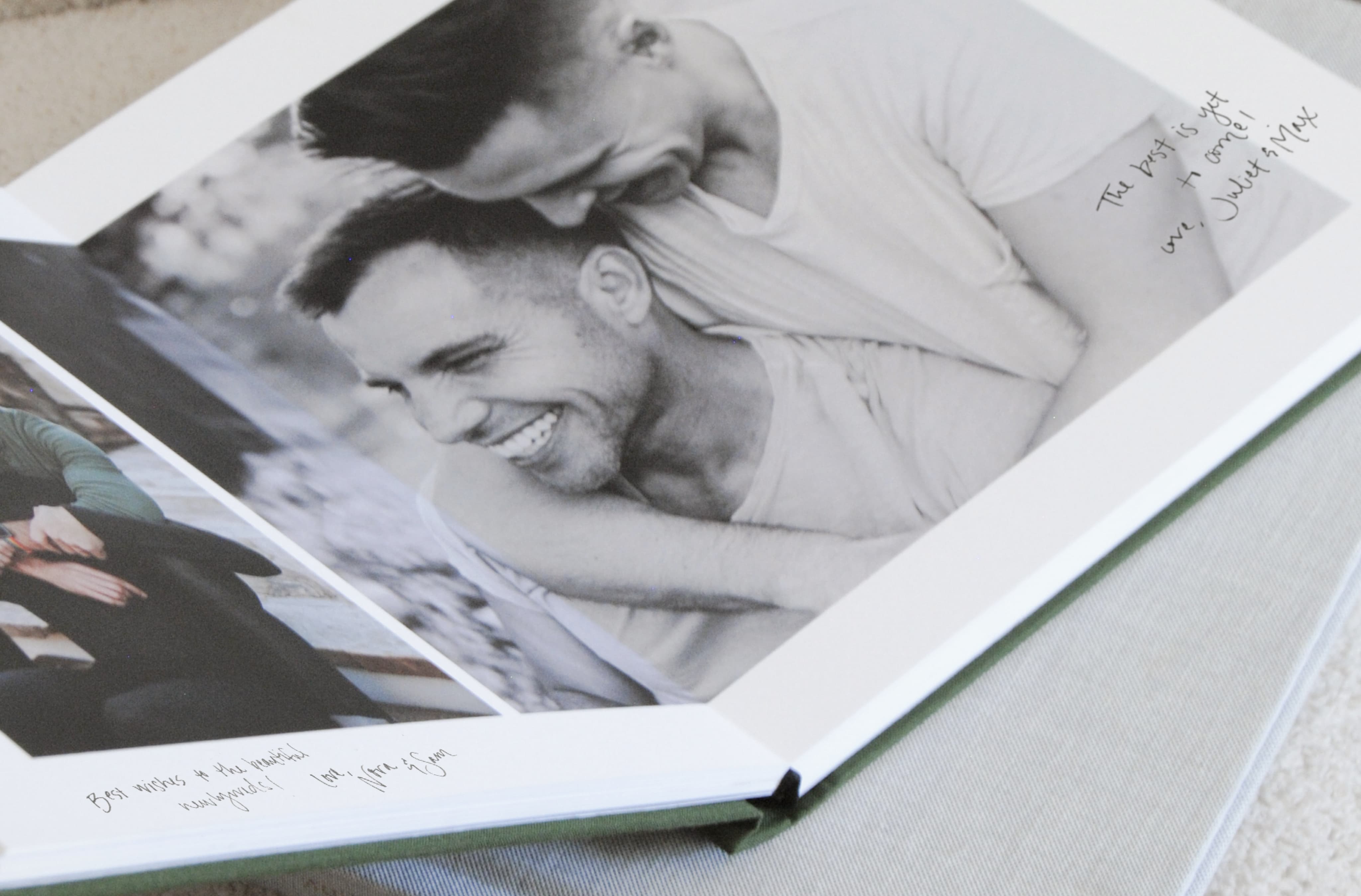 Photo book open to pictures of couple smiling at each other