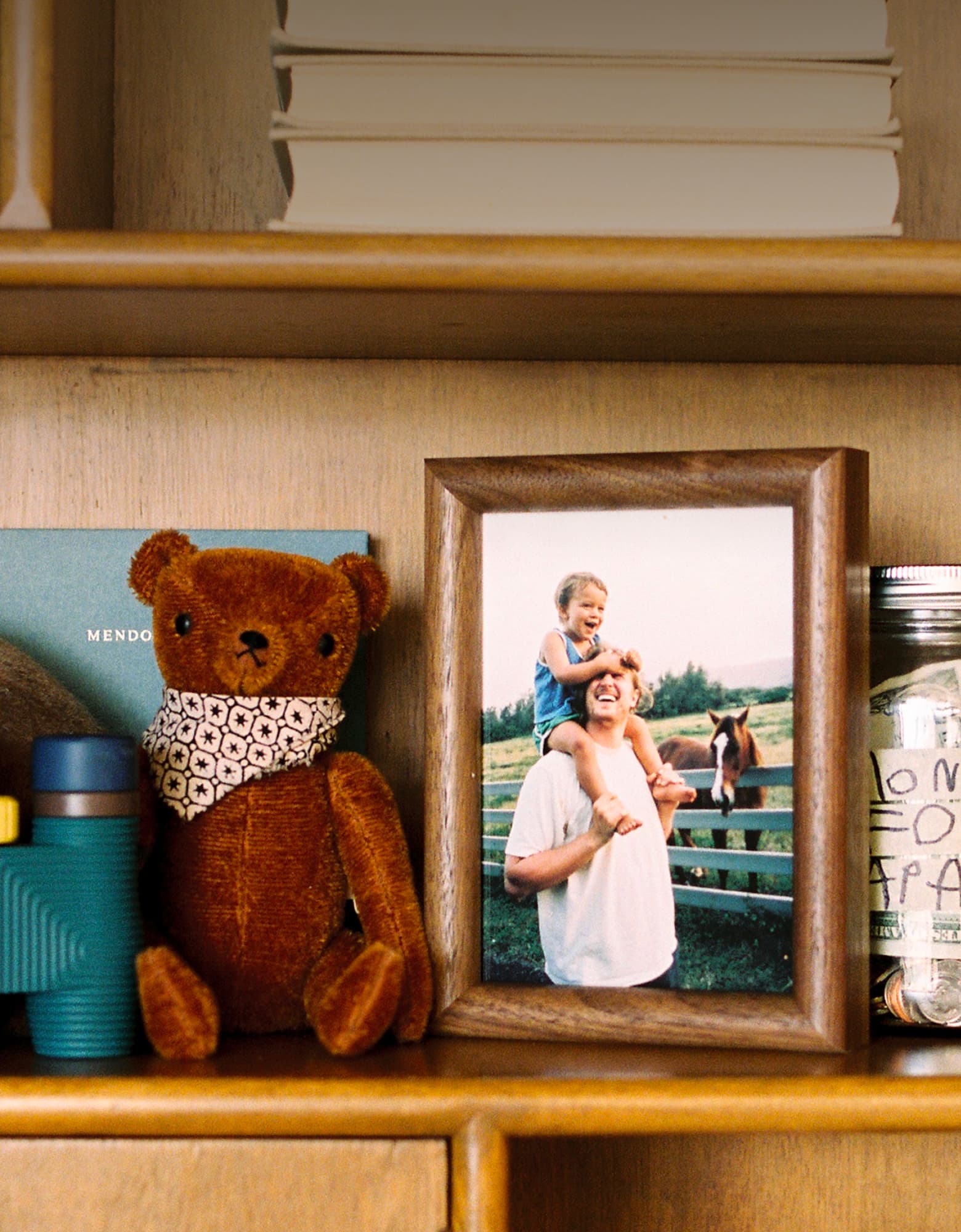 Father's Day framed photo and keepsakes on a shelf