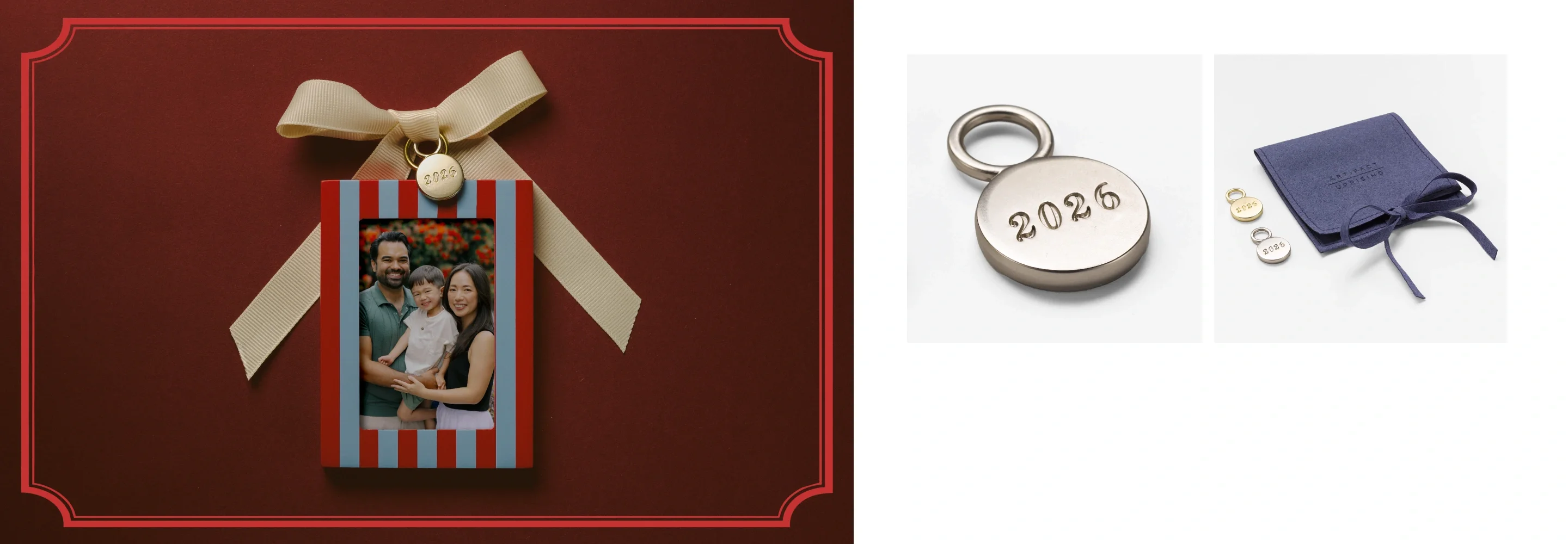 A striped photo ornament, an engraved 2026 year tag, and its gift envelope