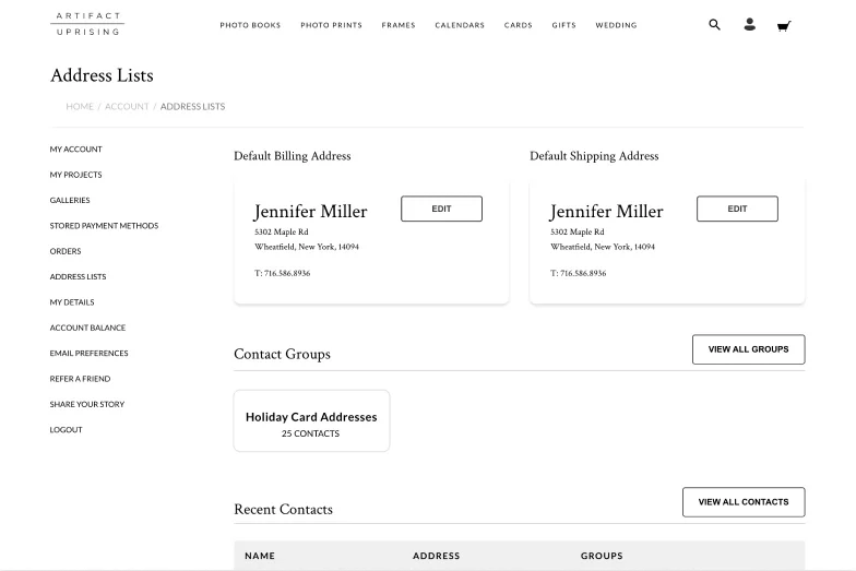 Address list in an Artifact Uprising account