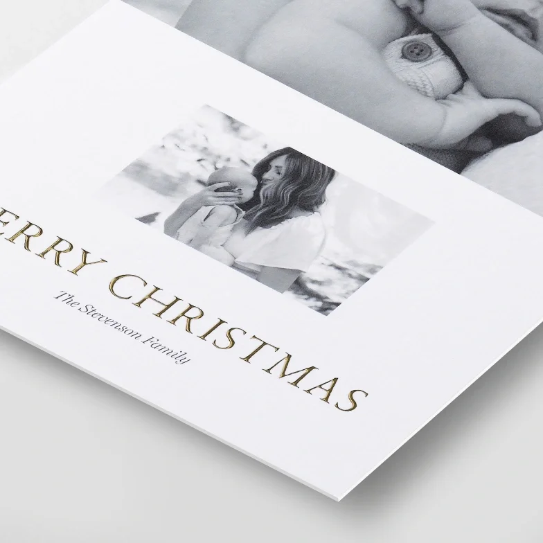 Holiday greeting with customizable foil text
