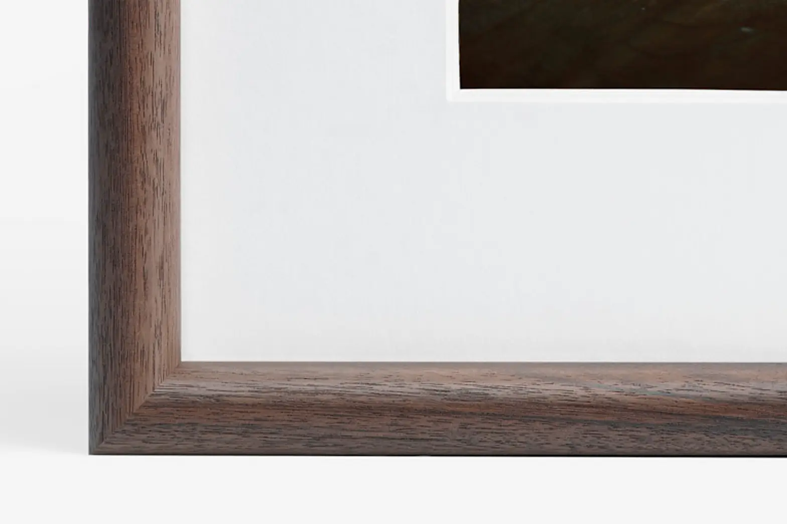 Banister Frame in Walnut Finish, up close frame finish detail shot.