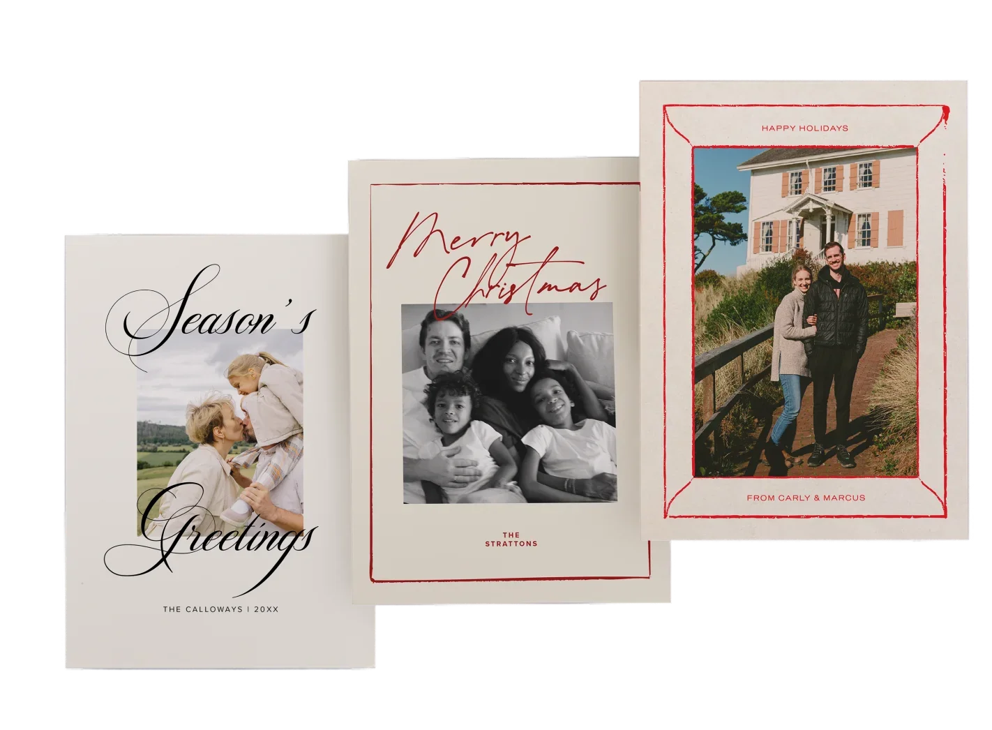 Three personalized holiday cards featuring seasonal illustrations and family photos