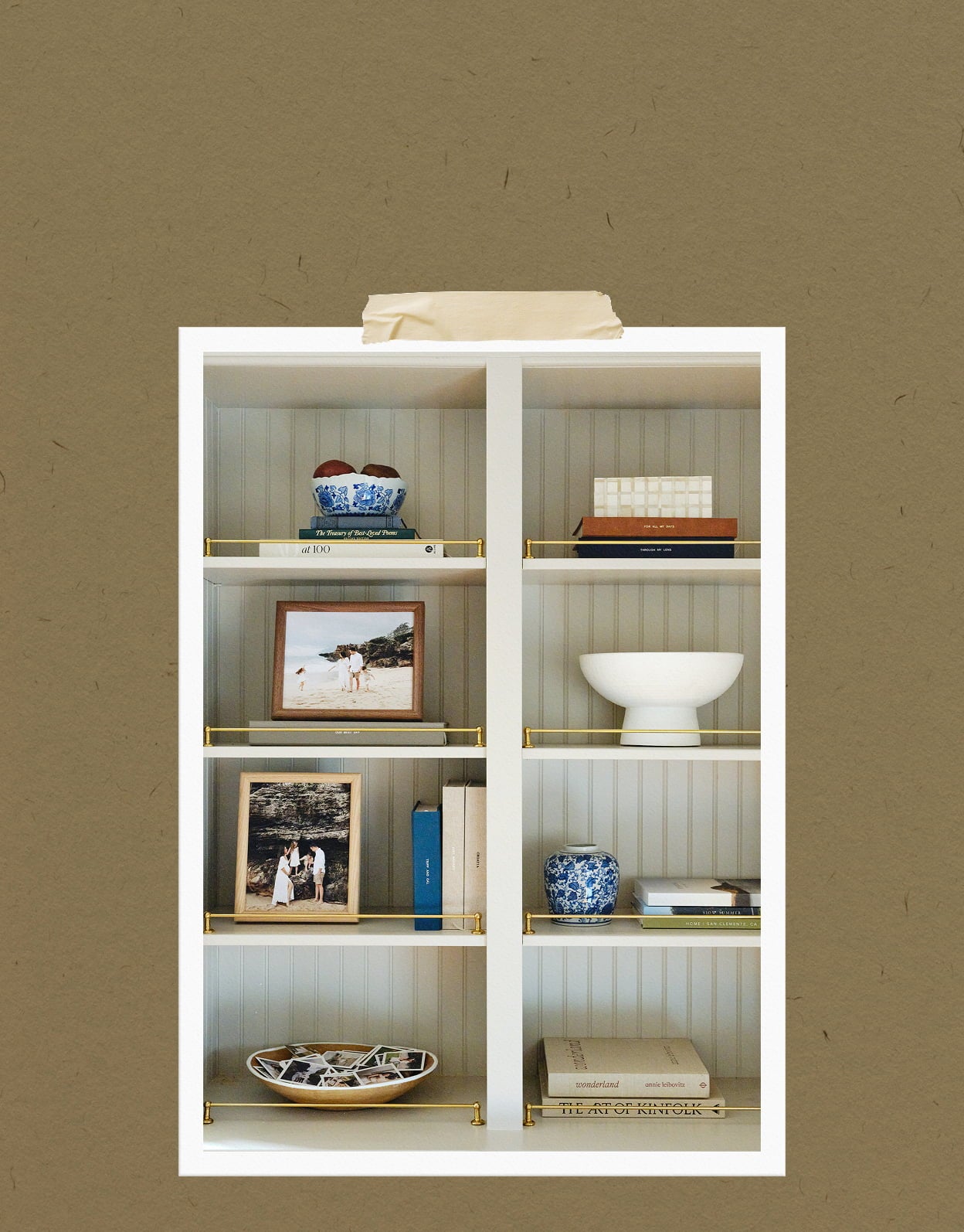 In home bookshelf featuring Banister Frame, Everyday Prints, and Photo Books.