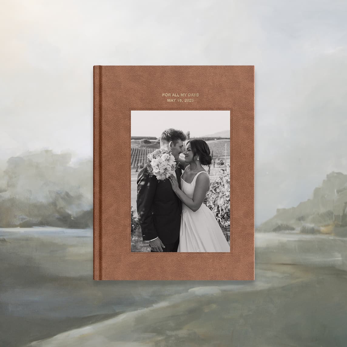 Brown linen Signature Layflat album with an inlaid wedding photo