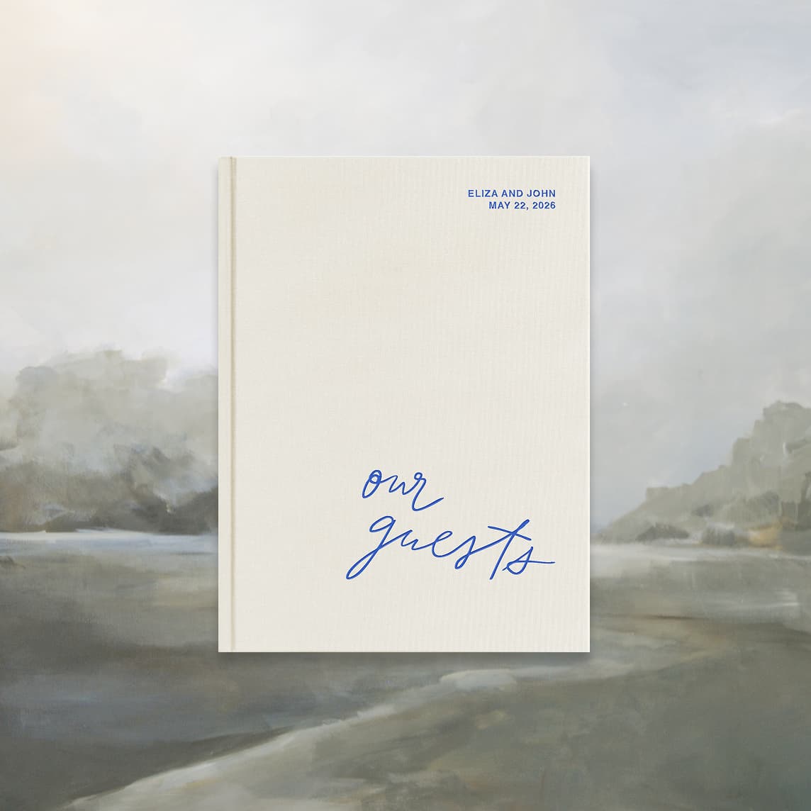 White linen Wedding Guest Book with blue script