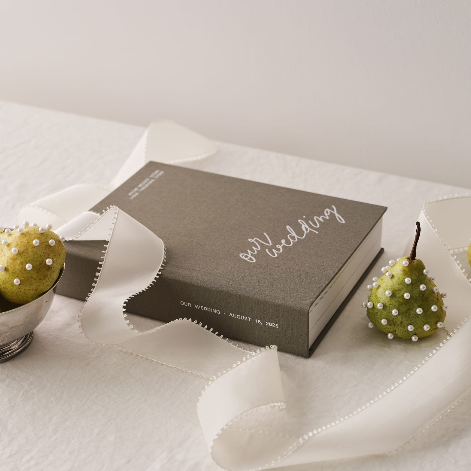 Autograph wedding album with ribbon and decorative pears