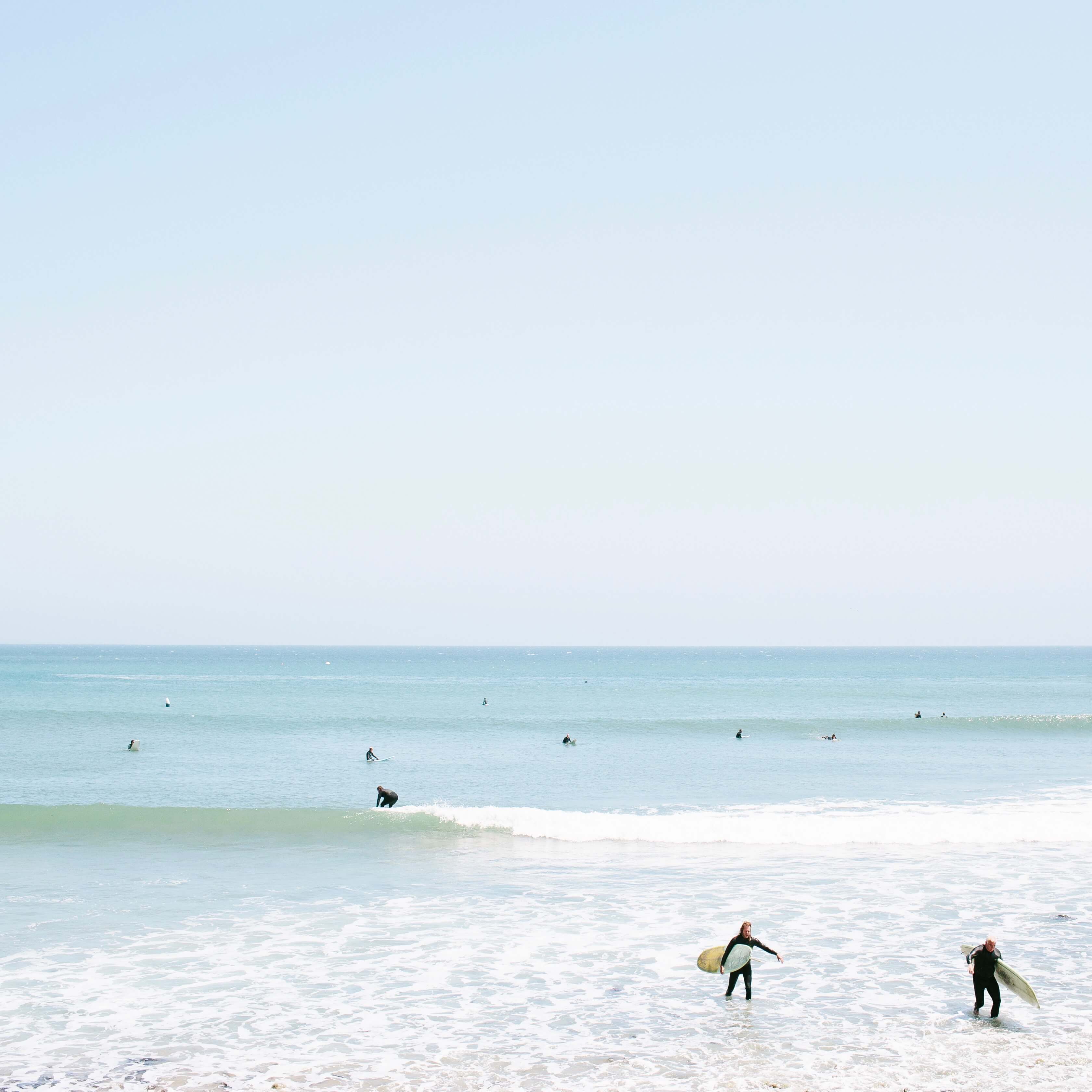 Surfers climb out of the water at Venice Beach