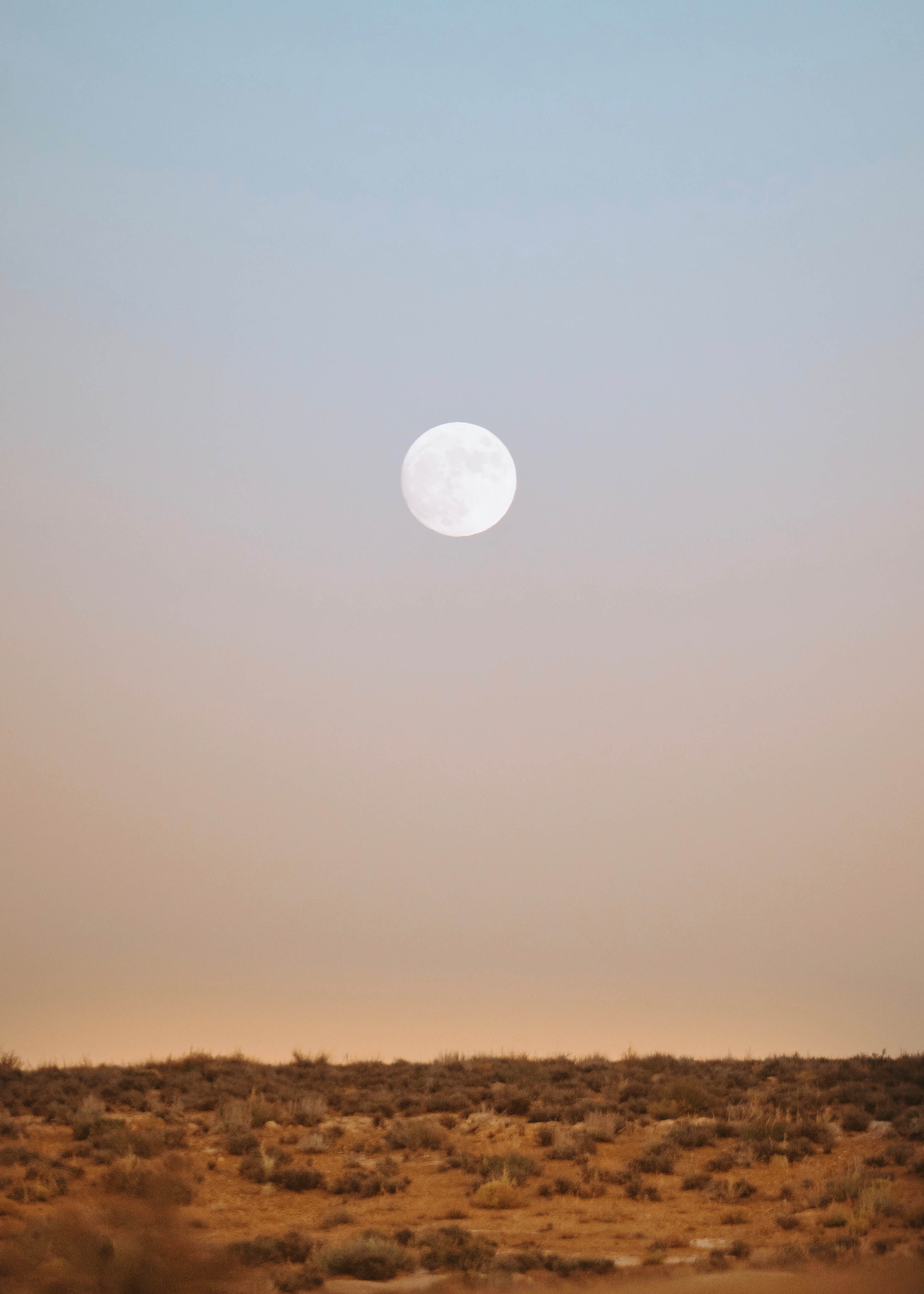 Full moon over a desert field at dusk