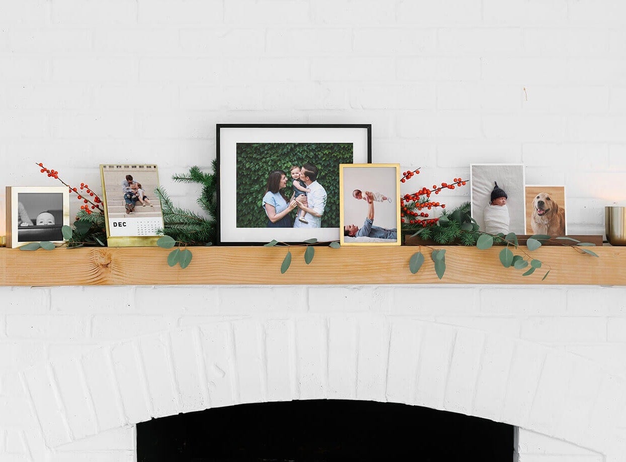 Holiday mantel with photos