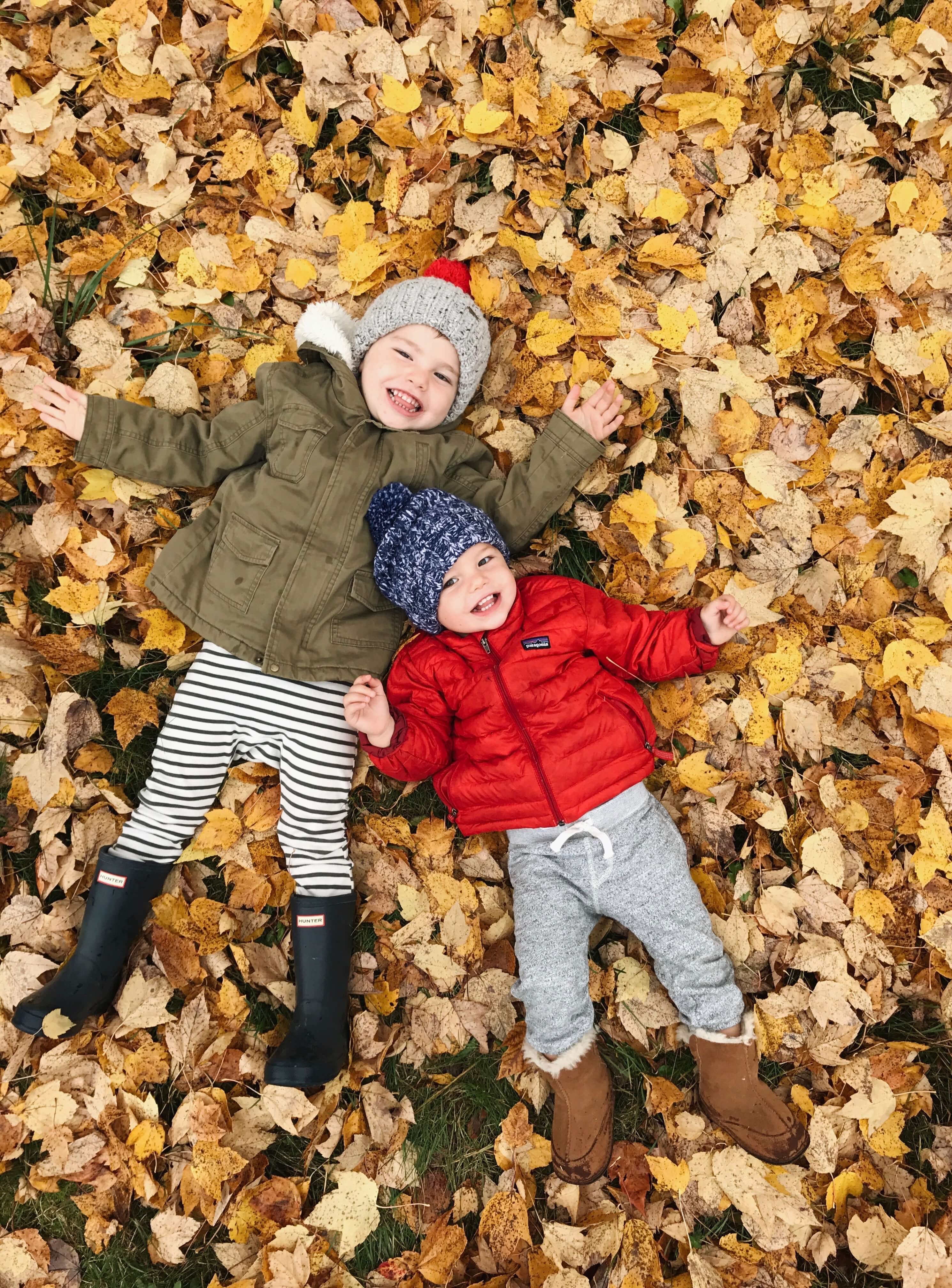 Two little boys lying in pile of fall leaves